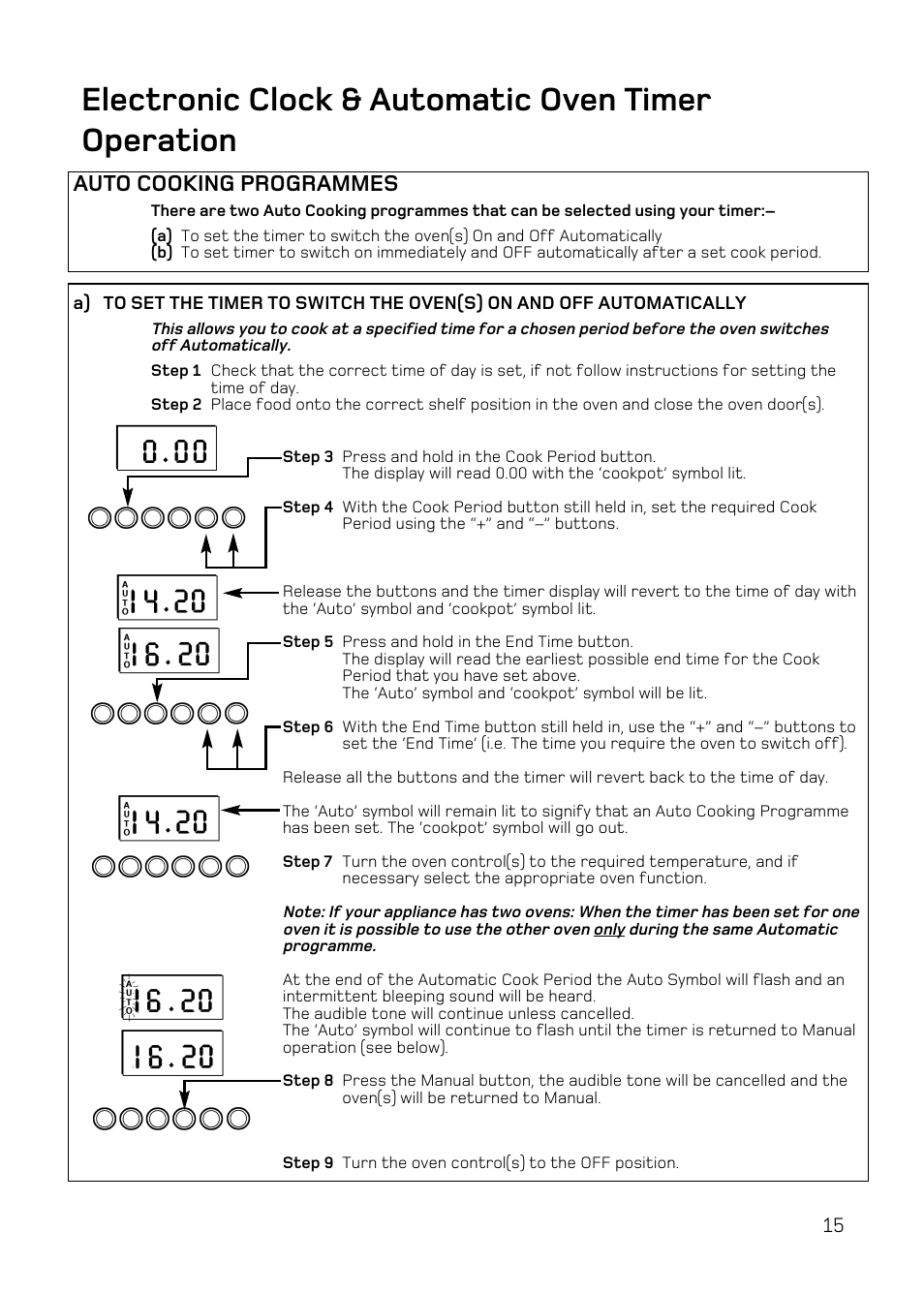 Electronic clock & automatic oven timer operation, Auto cooking programmes | Hotpoint DE47 User Manual | Page 15 / 48