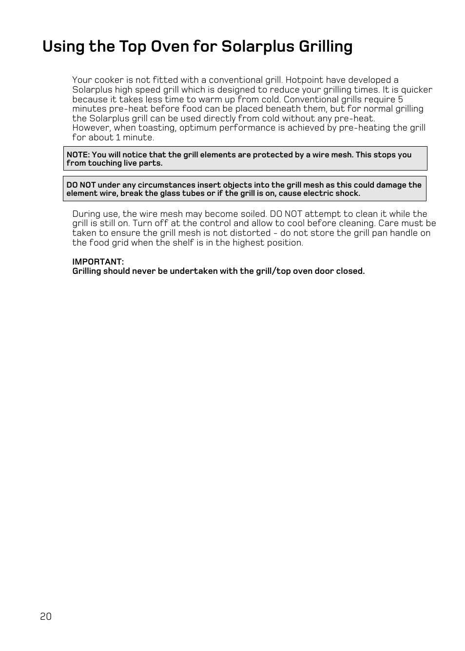 Using the top oven for solarplus grilling | Hotpoint DE47 User Manual | Page 20 / 48