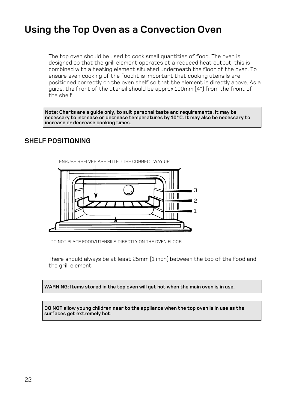 Using the top oven as a convection oven, Shelf positioning | Hotpoint DE47 User Manual | Page 22 / 48