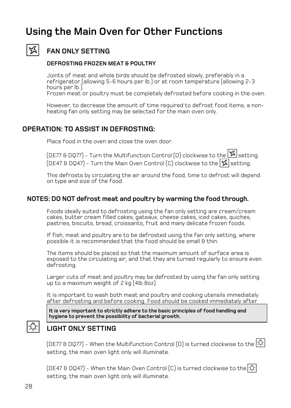 Using the main oven for other functions | Hotpoint DE47 User Manual | Page 28 / 48