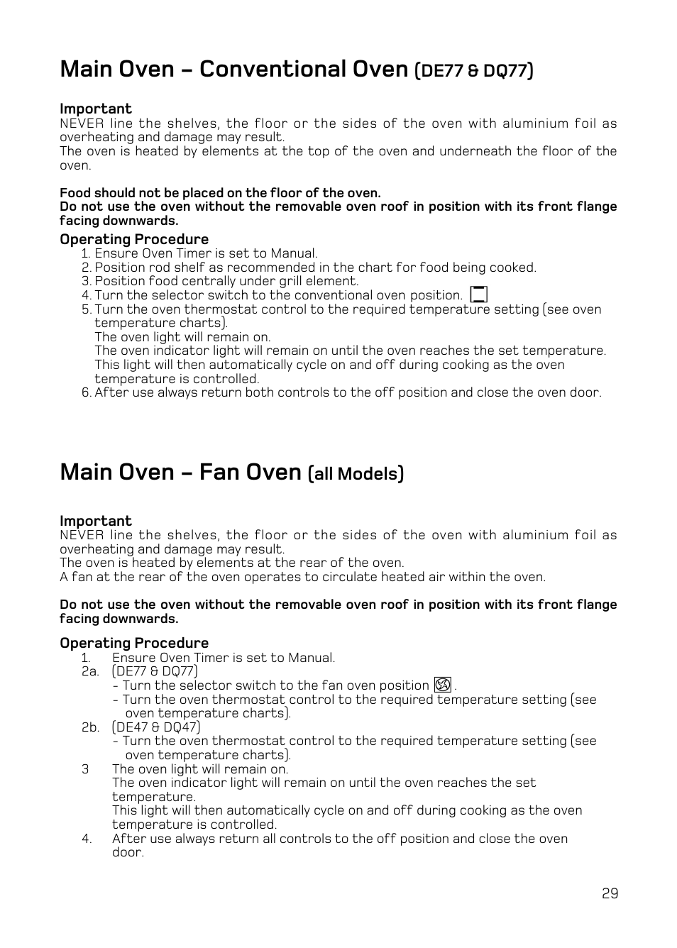 Main oven - conventional oven, Main oven - fan oven, De77 & dq77) | All models) | Hotpoint DE47 User Manual | Page 29 / 48