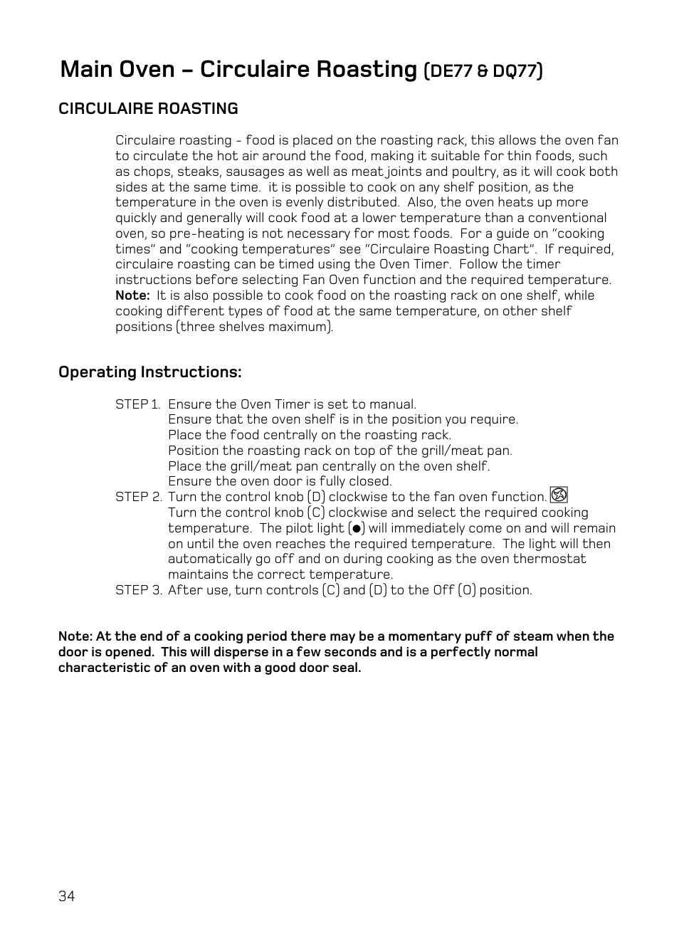 Main oven - circulaire roasting, De77 & dq77) | Hotpoint DE47 User Manual | Page 34 / 48