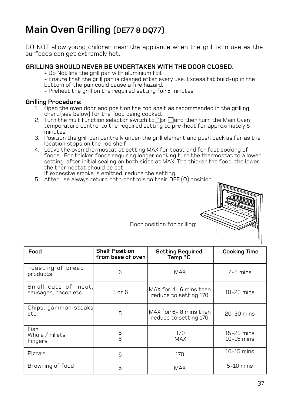 Main oven grilling, De77 & dq77) | Hotpoint DE47 User Manual | Page 37 / 48