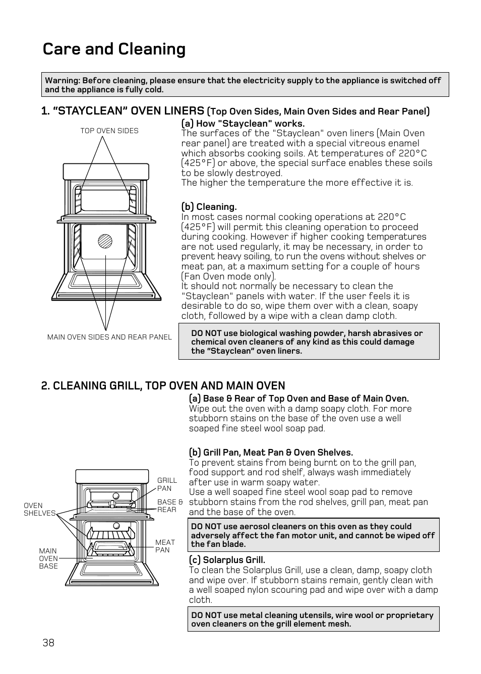 Care and cleaning, “stayclean” oven liners, Cleaning grill, top oven and main oven | Hotpoint DE47 User Manual | Page 38 / 48