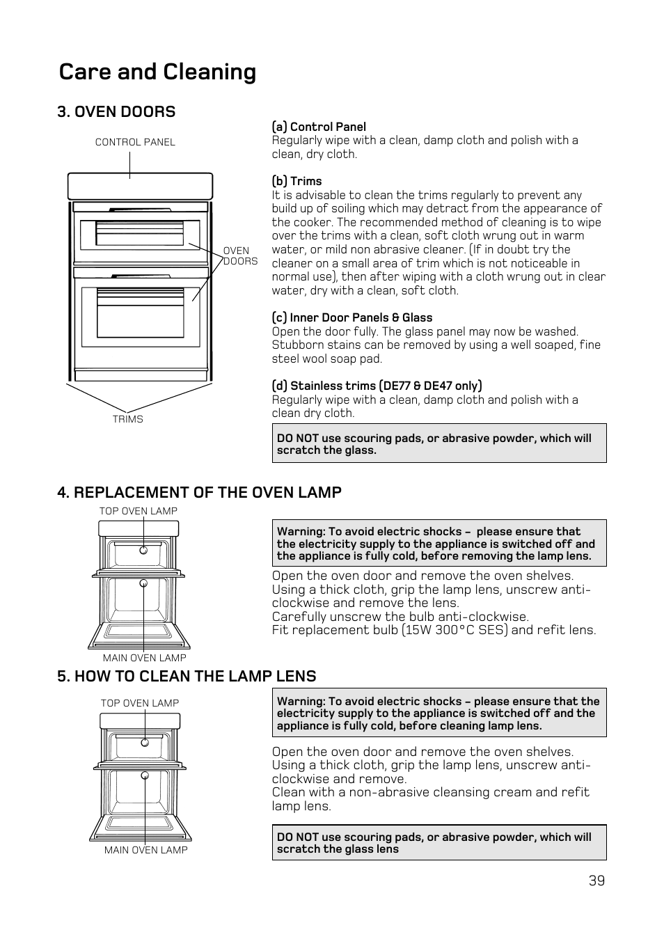 Care and cleaning, Oven doors, Replacement of the oven lamp | How to clean the lamp lens | Hotpoint DE47 User Manual | Page 39 / 48