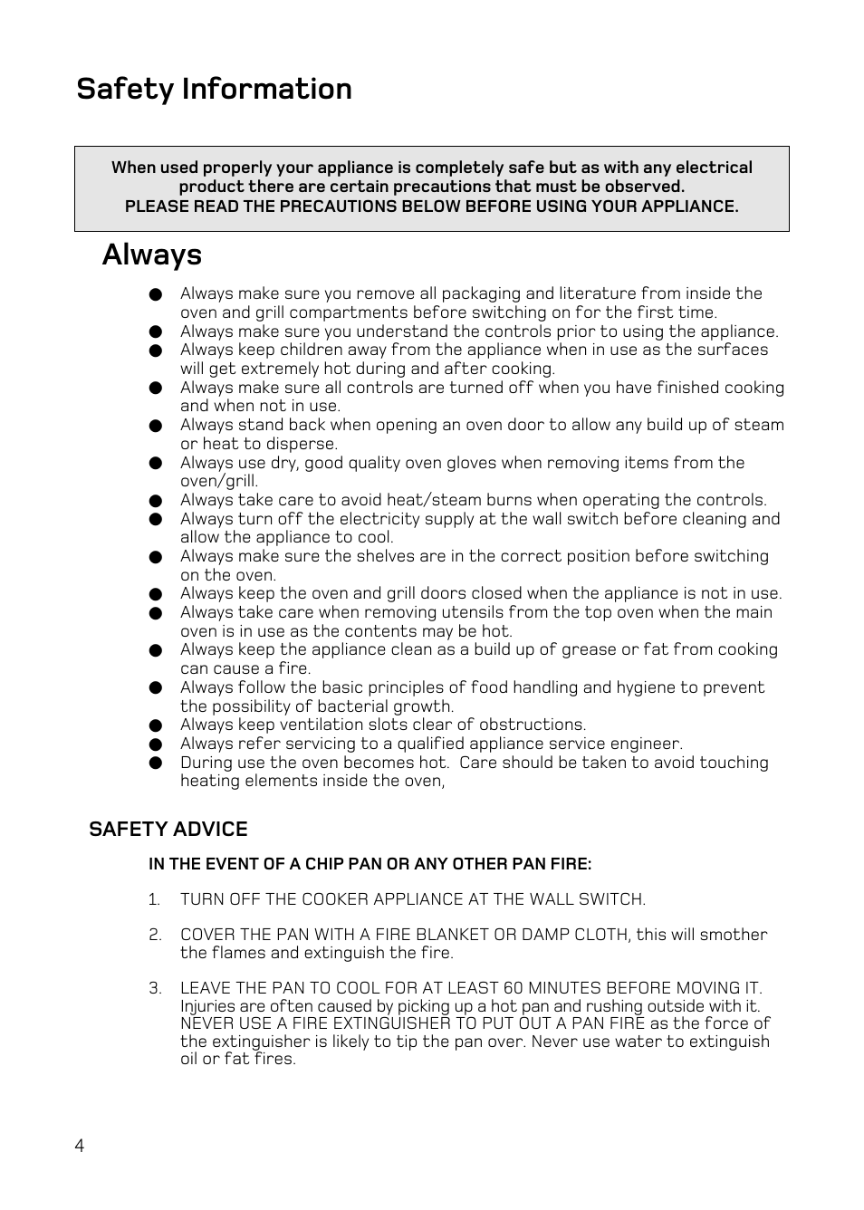 Always, Safety information | Hotpoint DE47 User Manual | Page 4 / 48