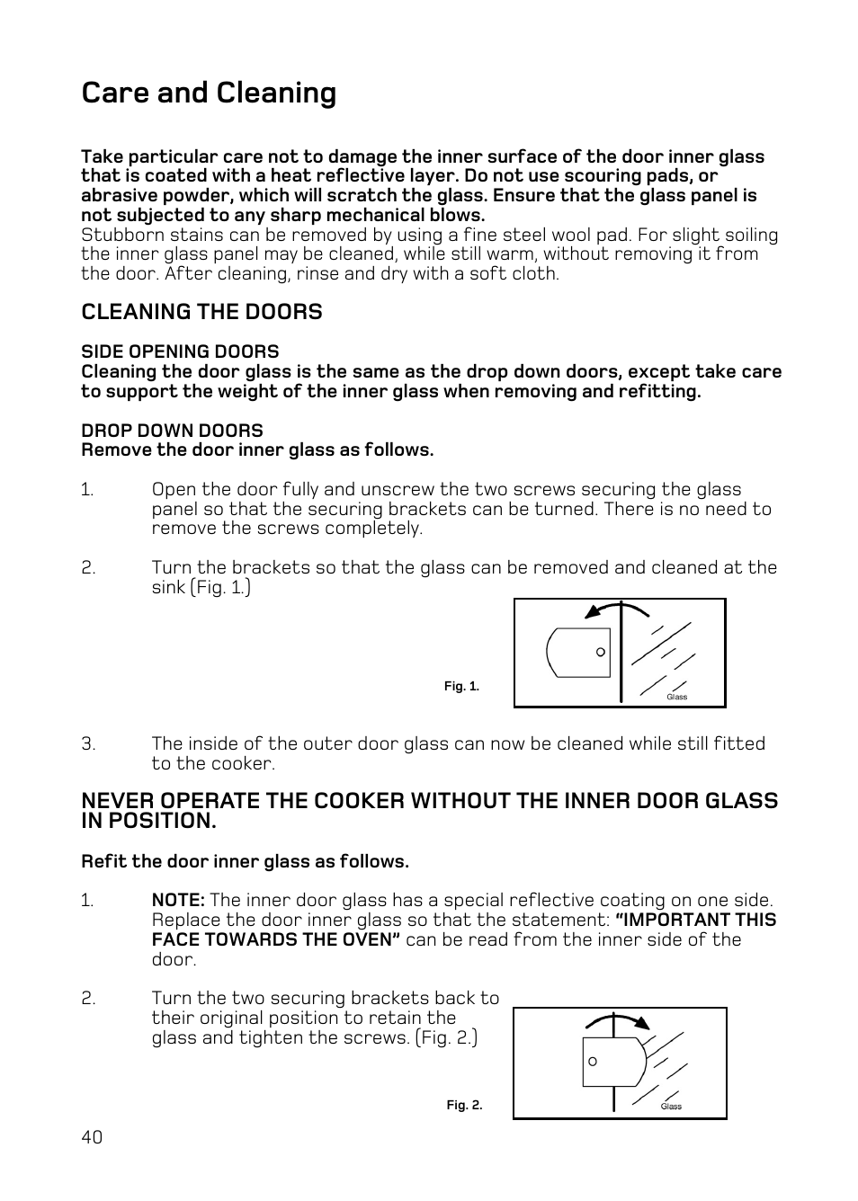 Care and cleaning, Cleaning the doors | Hotpoint DE47 User Manual | Page 40 / 48