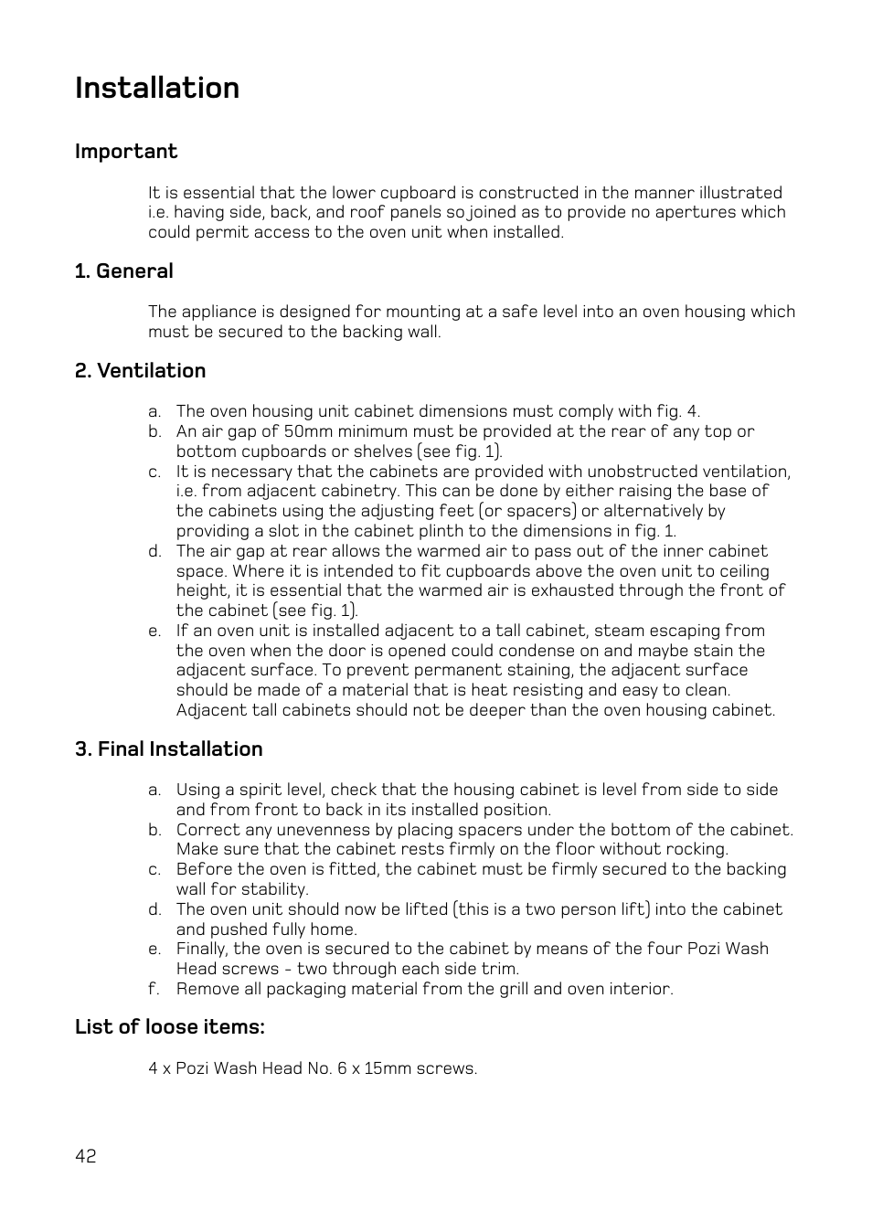 Installation | Hotpoint DE47 User Manual | Page 42 / 48