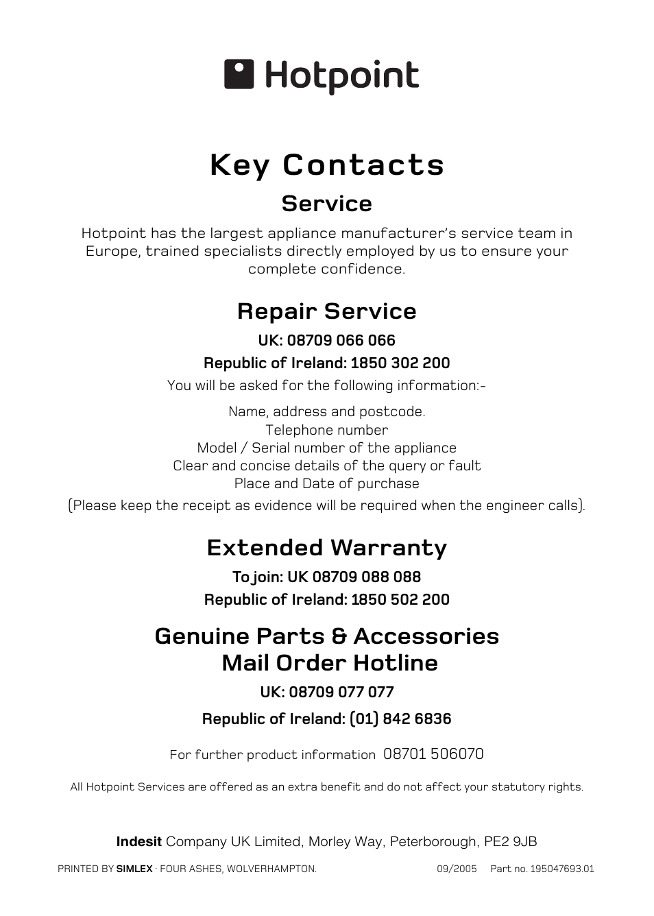 Key contacts, Service, Repair service | Extended warranty, Genuine parts & accessories mail order hotline | Hotpoint DE47 User Manual | Page 48 / 48