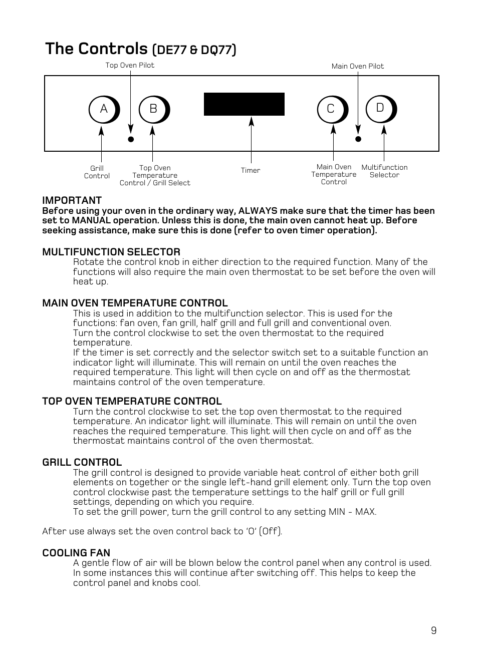 The controls | Hotpoint DE47 User Manual | Page 9 / 48