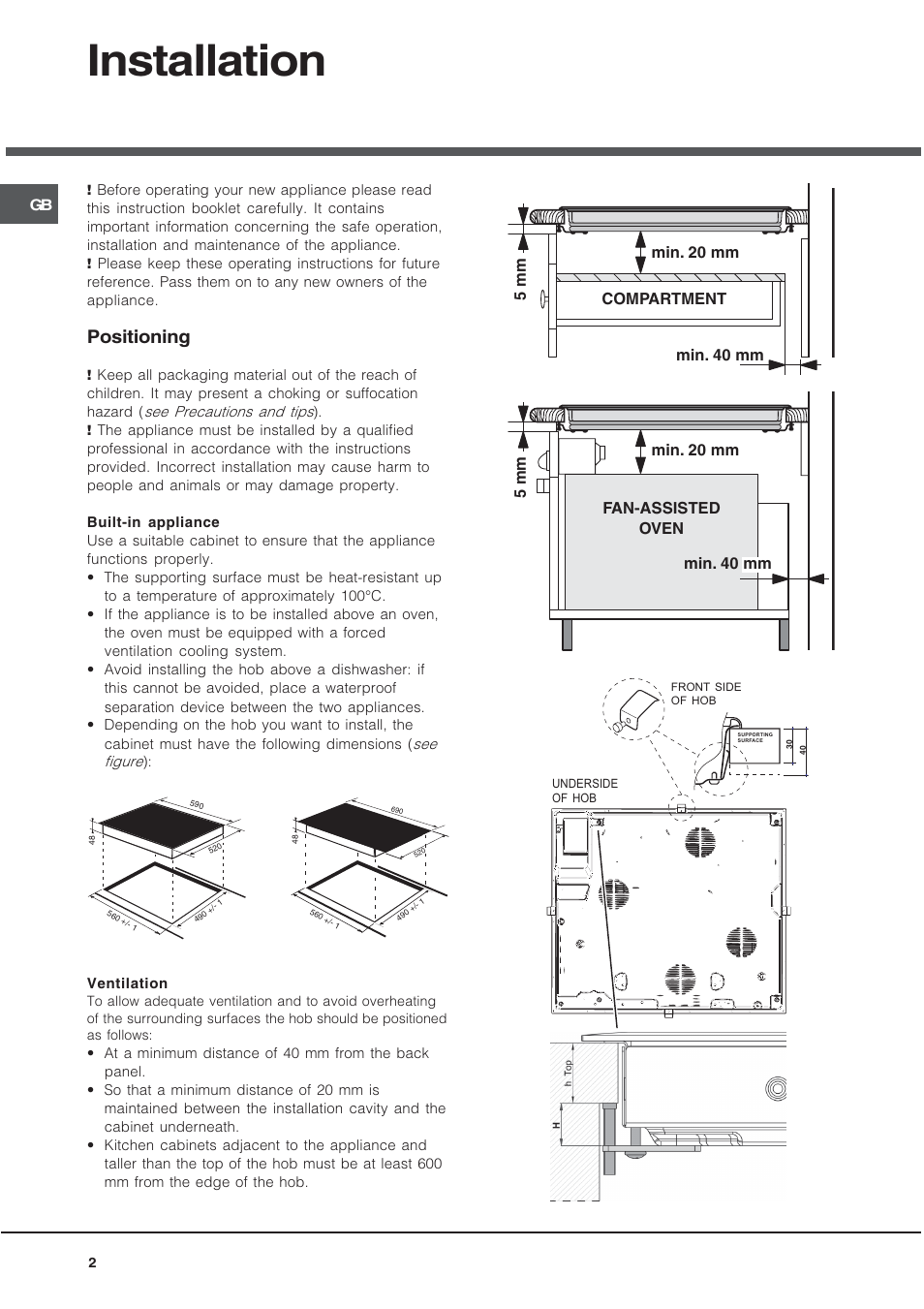 Installation, Positioning | Hotpoint CRO 642 D B User Manual | Page 2 / 16