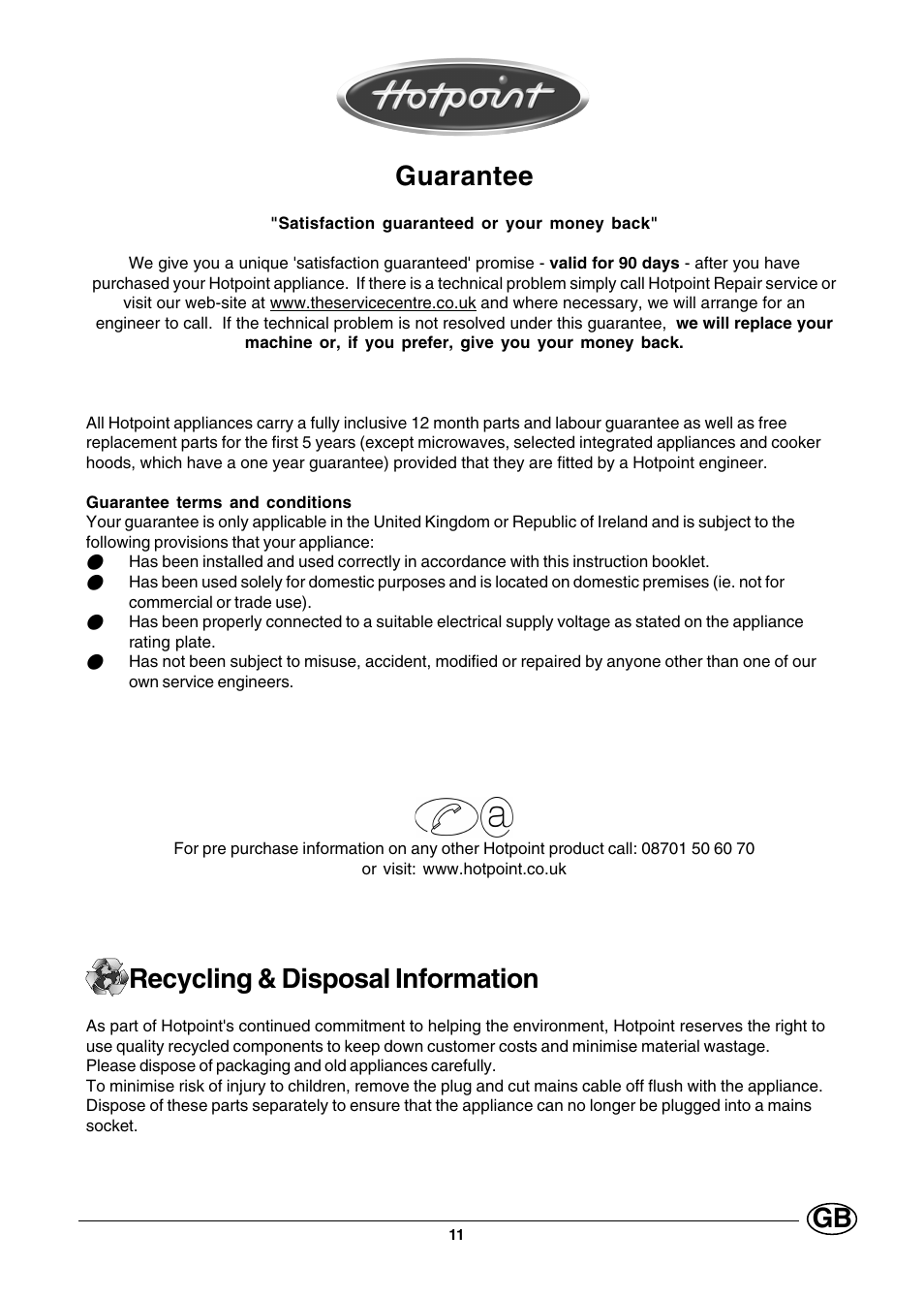 Guarantee, Recycling & disposal information | Hotpoint EV302X User Manual | Page 11 / 12