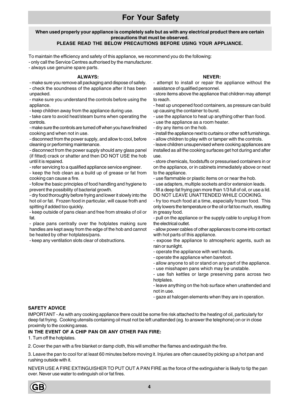 For your safety | Hotpoint EV302X User Manual | Page 4 / 12