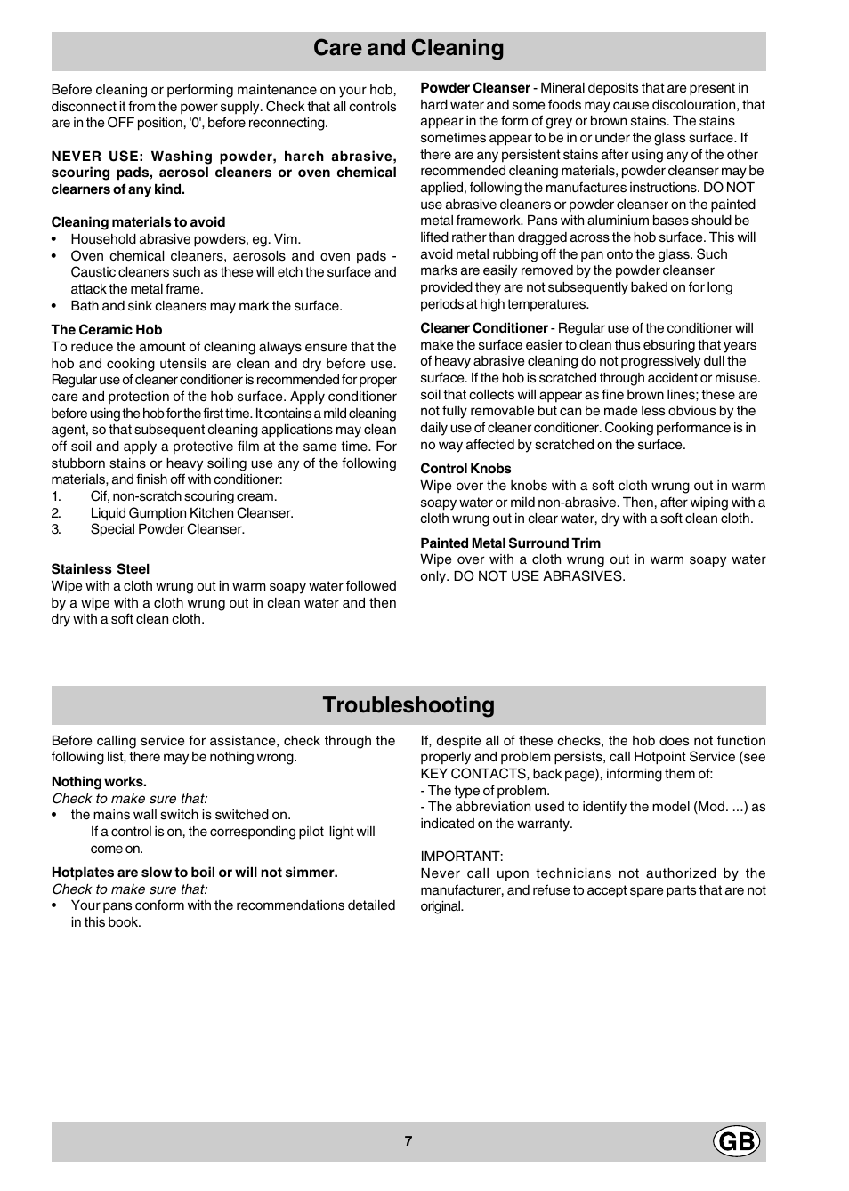 Care and cleaning troubleshooting | Hotpoint EV302X User Manual | Page 7 / 12