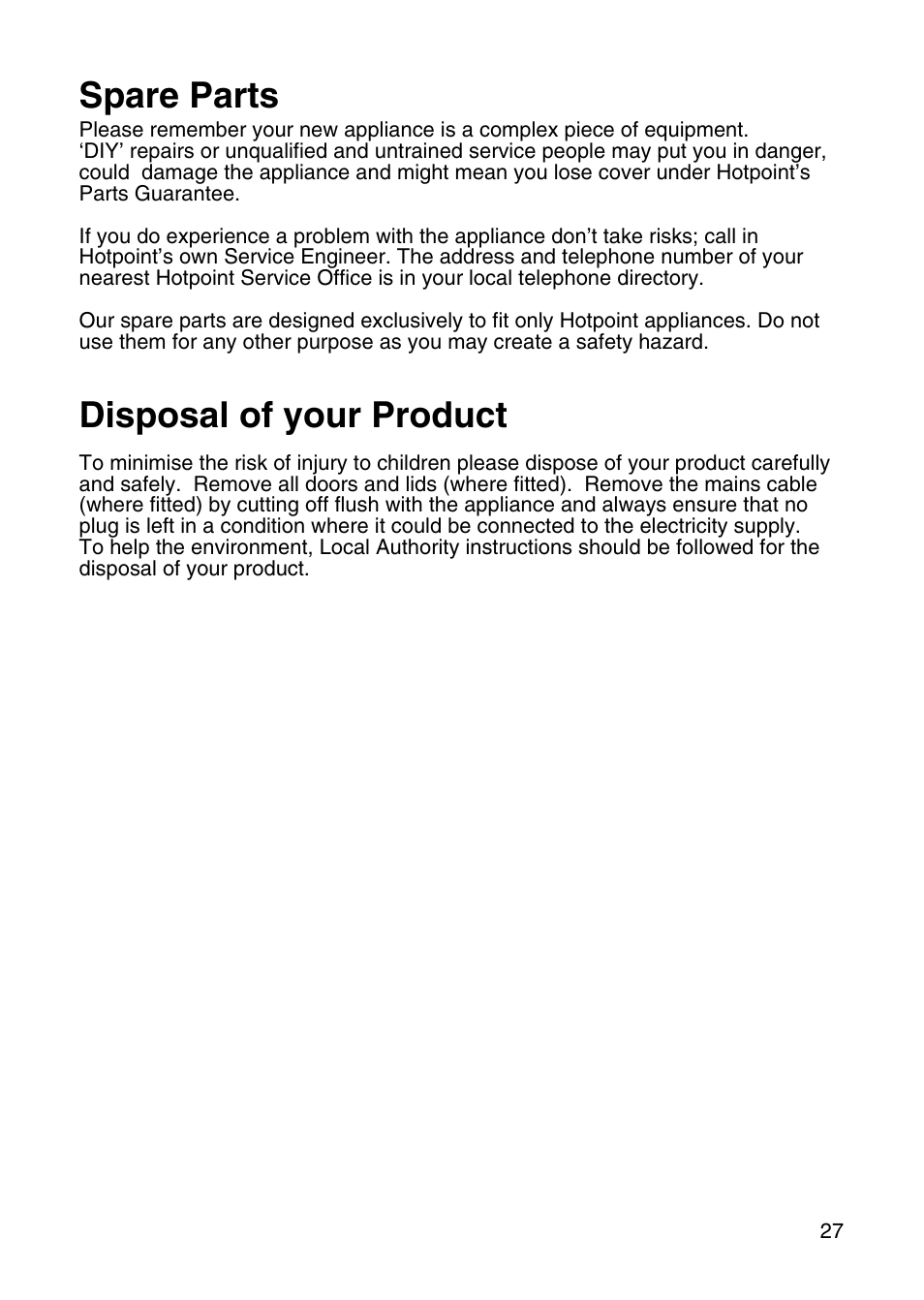 Spare parts, Disposal of your product | Hotpoint EW31 User Manual | Page 27 / 32