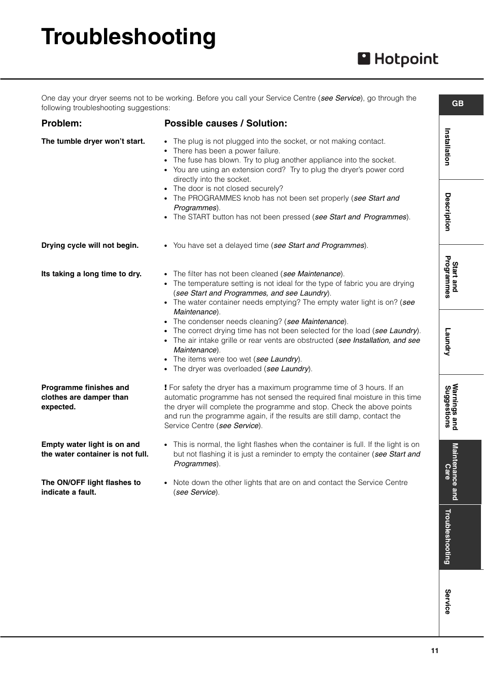 Troubleshooting, Problem, Possible causes / solution | Hotpoint CTD40 User Manual | Page 13 / 16