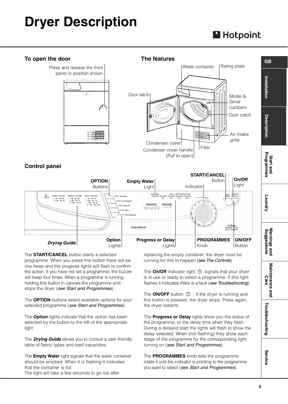 Dryer description, Control panel | Hotpoint CTD40 User Manual | Page 5 / 16