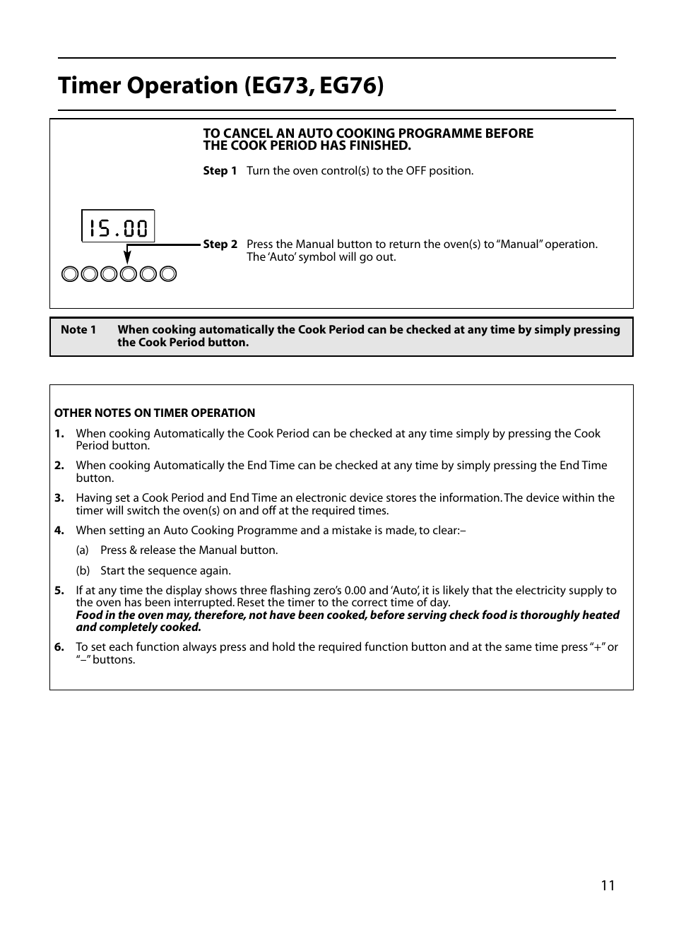 Timer operation (eg73, eg76) | Hotpoint EG73 EG76 User Manual | Page 11 / 32