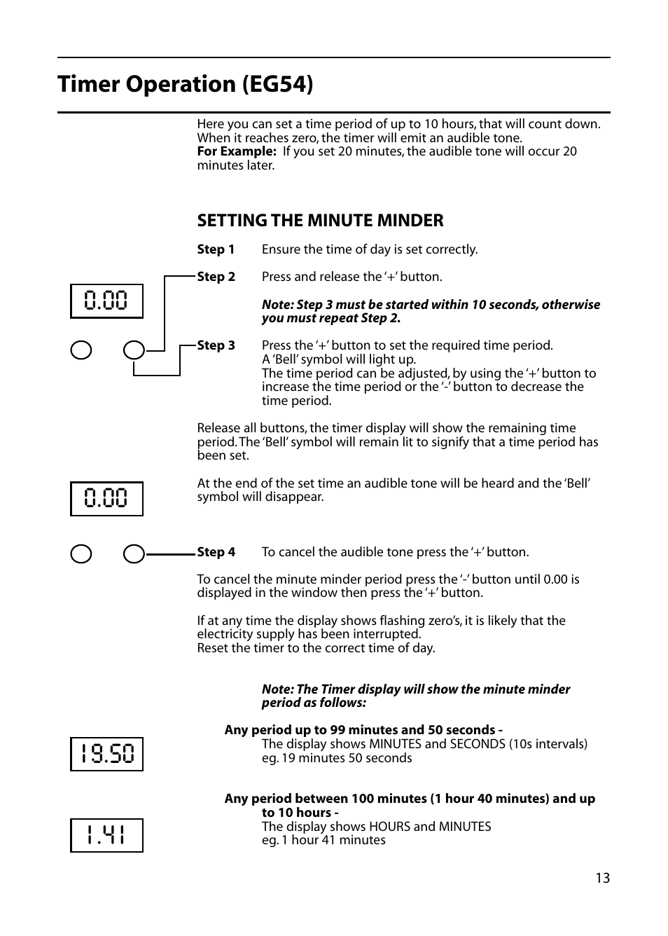 Timer operation (eg54), Setting the minute minder | Hotpoint EG73 EG76 User Manual | Page 13 / 32