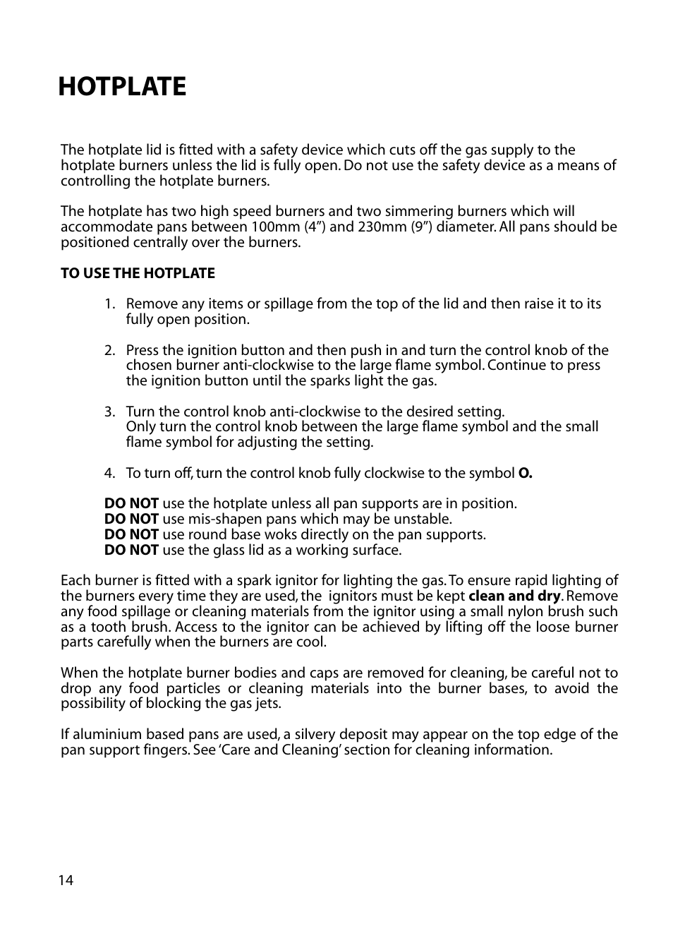 Hotplate | Hotpoint EG73 EG76 User Manual | Page 14 / 32