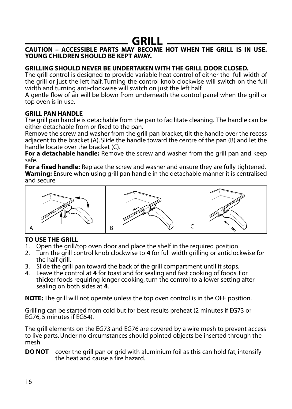 Grill | Hotpoint EG73 EG76 User Manual | Page 16 / 32