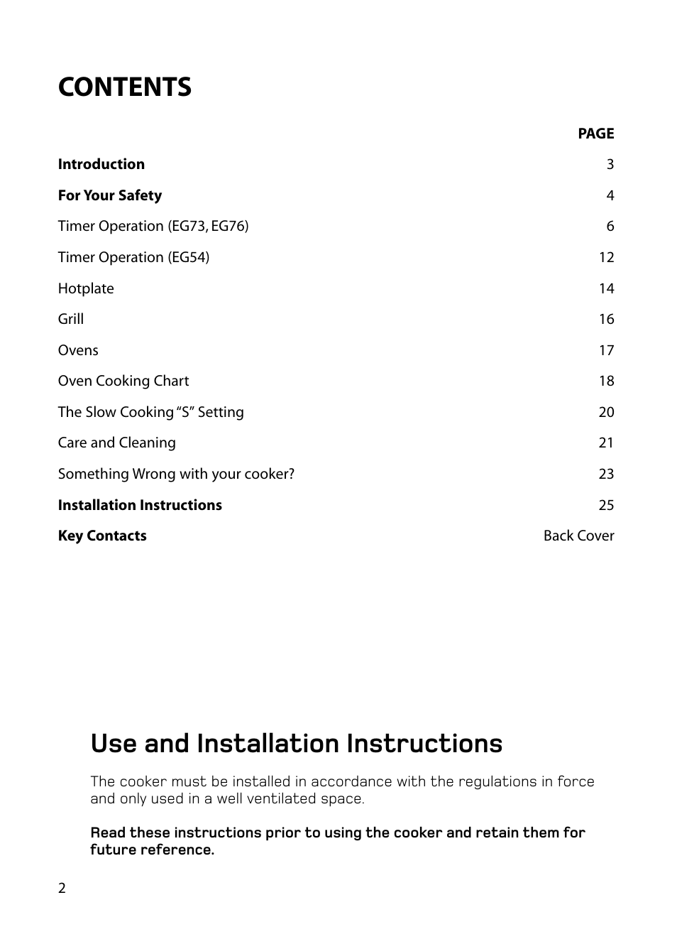 Contents use and installation instructions | Hotpoint EG73 EG76 User Manual | Page 2 / 32