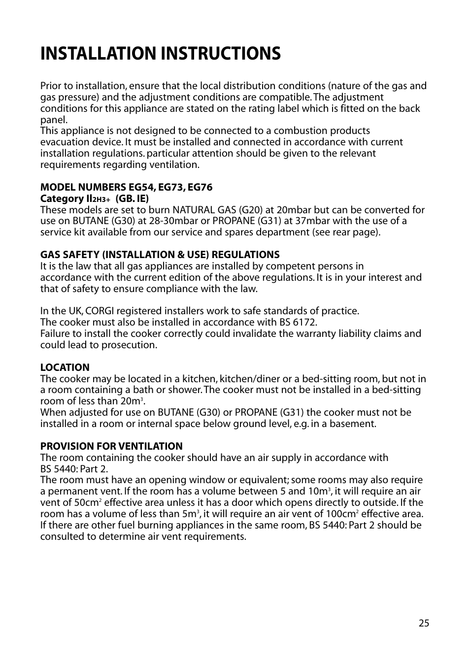 Installation instructions | Hotpoint EG73 EG76 User Manual | Page 25 / 32