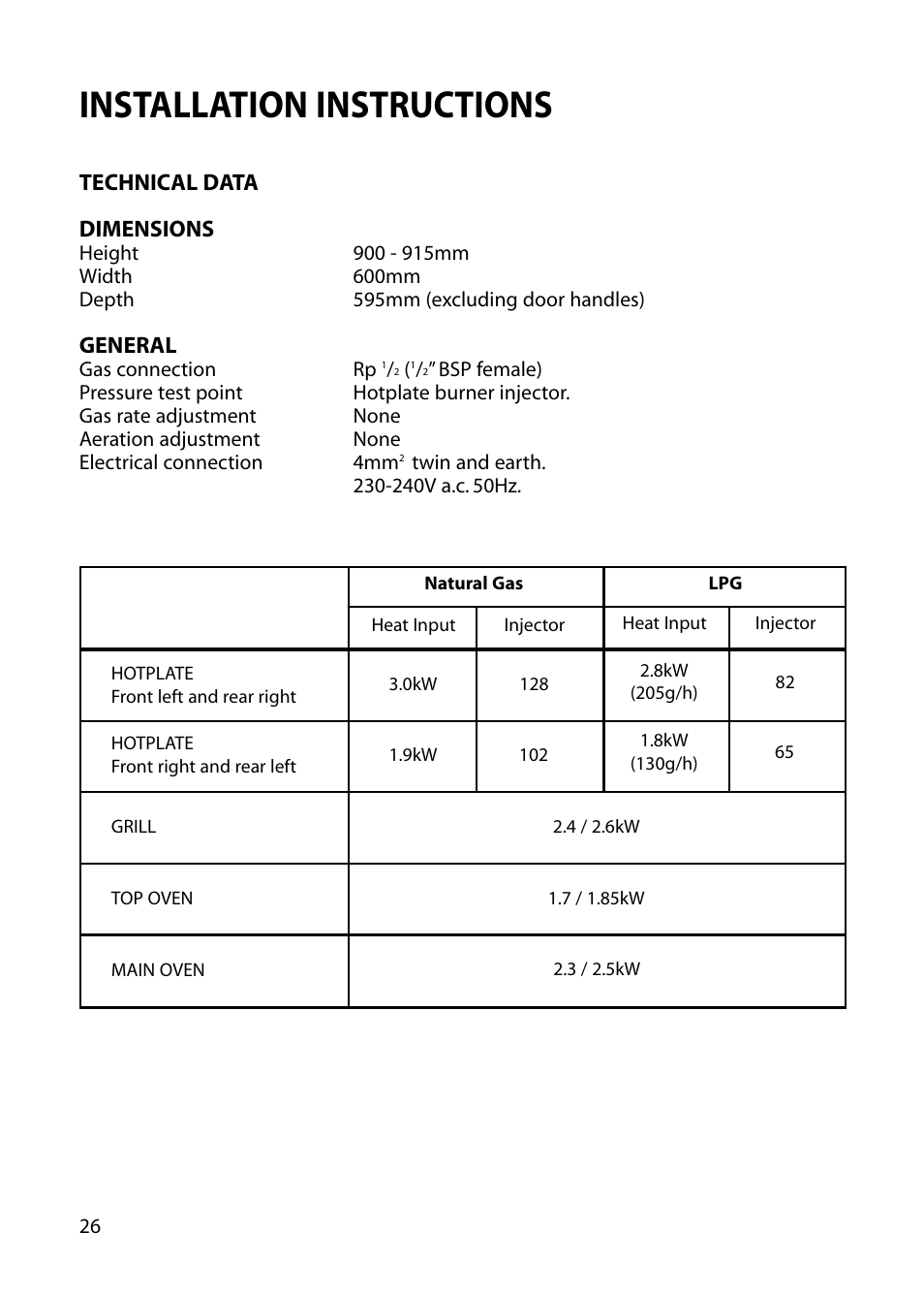 Installation instructions | Hotpoint EG73 EG76 User Manual | Page 26 / 32