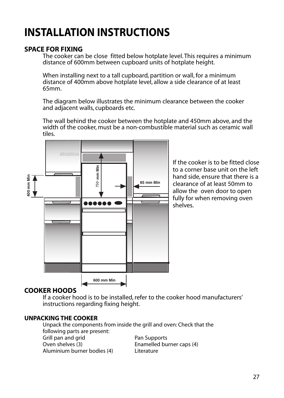 Installation instructions | Hotpoint EG73 EG76 User Manual | Page 27 / 32