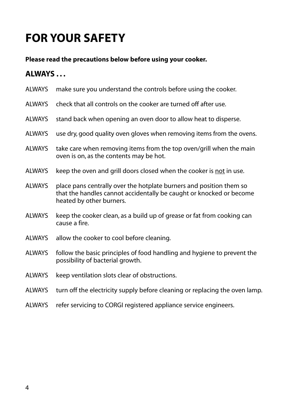 For your safety, Always | Hotpoint EG73 EG76 User Manual | Page 4 / 32