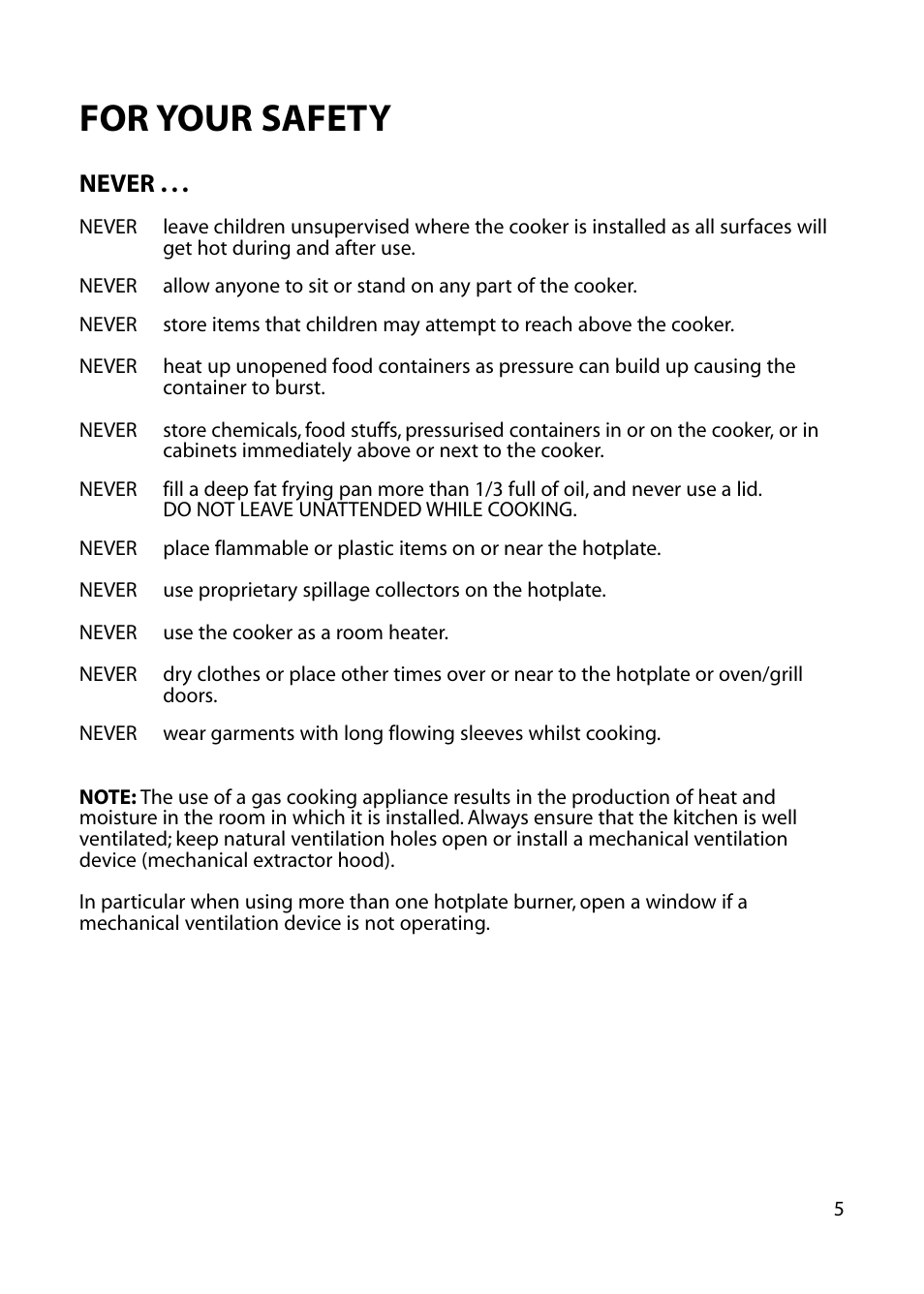 For your safety, Never | Hotpoint EG73 EG76 User Manual | Page 5 / 32