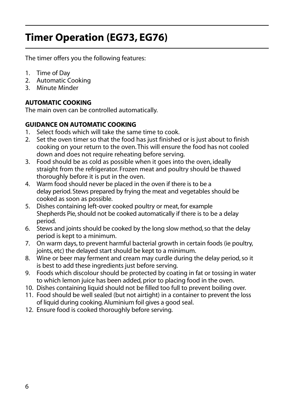 Timer operation (eg73, eg76) | Hotpoint EG73 EG76 User Manual | Page 6 / 32