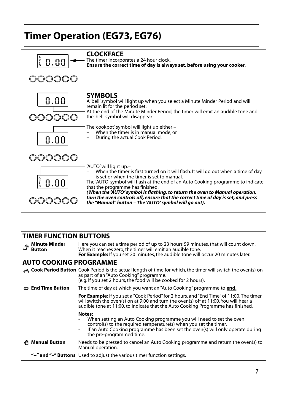 Timer operation (eg73, eg76), Clockface, Symbols | Timer function buttons auto cooking programme | Hotpoint EG73 EG76 User Manual | Page 7 / 32