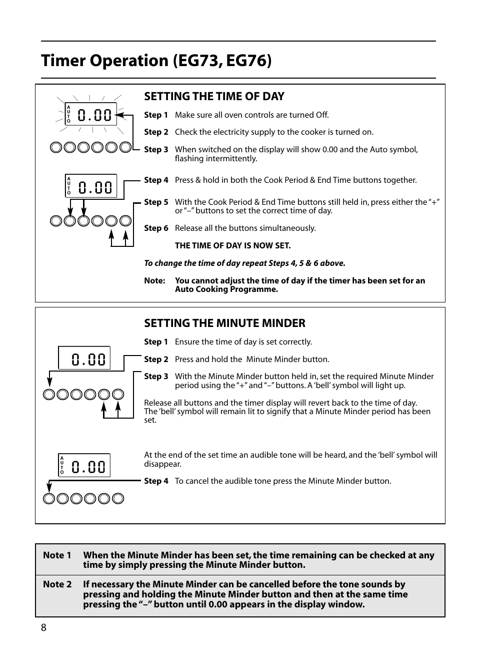 Timer operation (eg73, eg76), Setting the time of day, Setting the minute minder | Hotpoint EG73 EG76 User Manual | Page 8 / 32