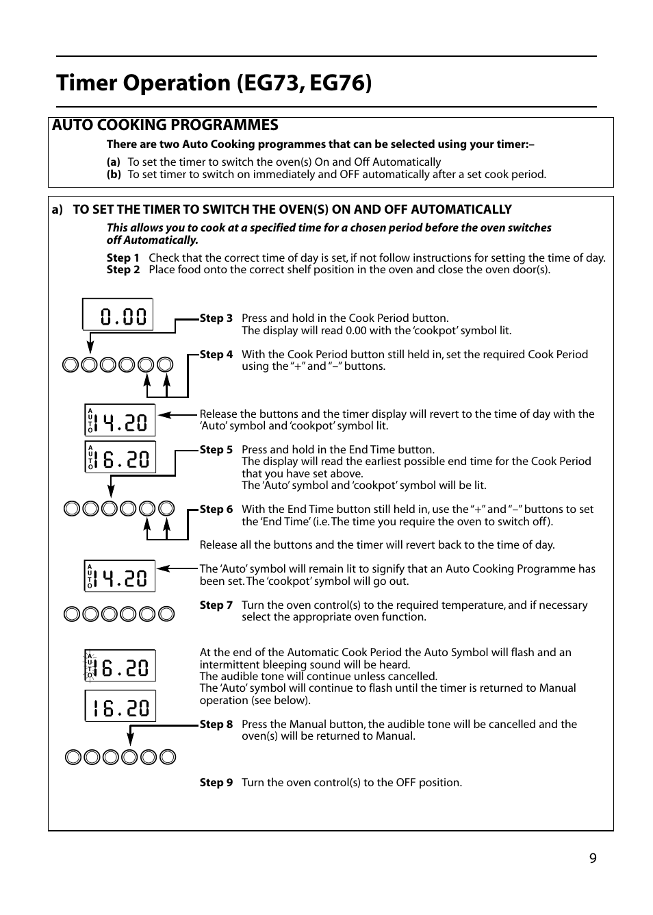 Timer operation (eg73, eg76), Auto cooking programmes | Hotpoint EG73 EG76 User Manual | Page 9 / 32