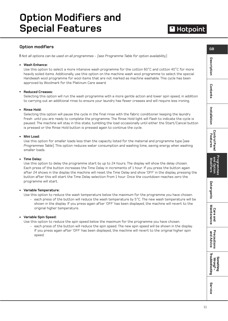 Option modifiers and special features, Option modifiers | Hotpoint WT761 User Manual | Page 11 / 20