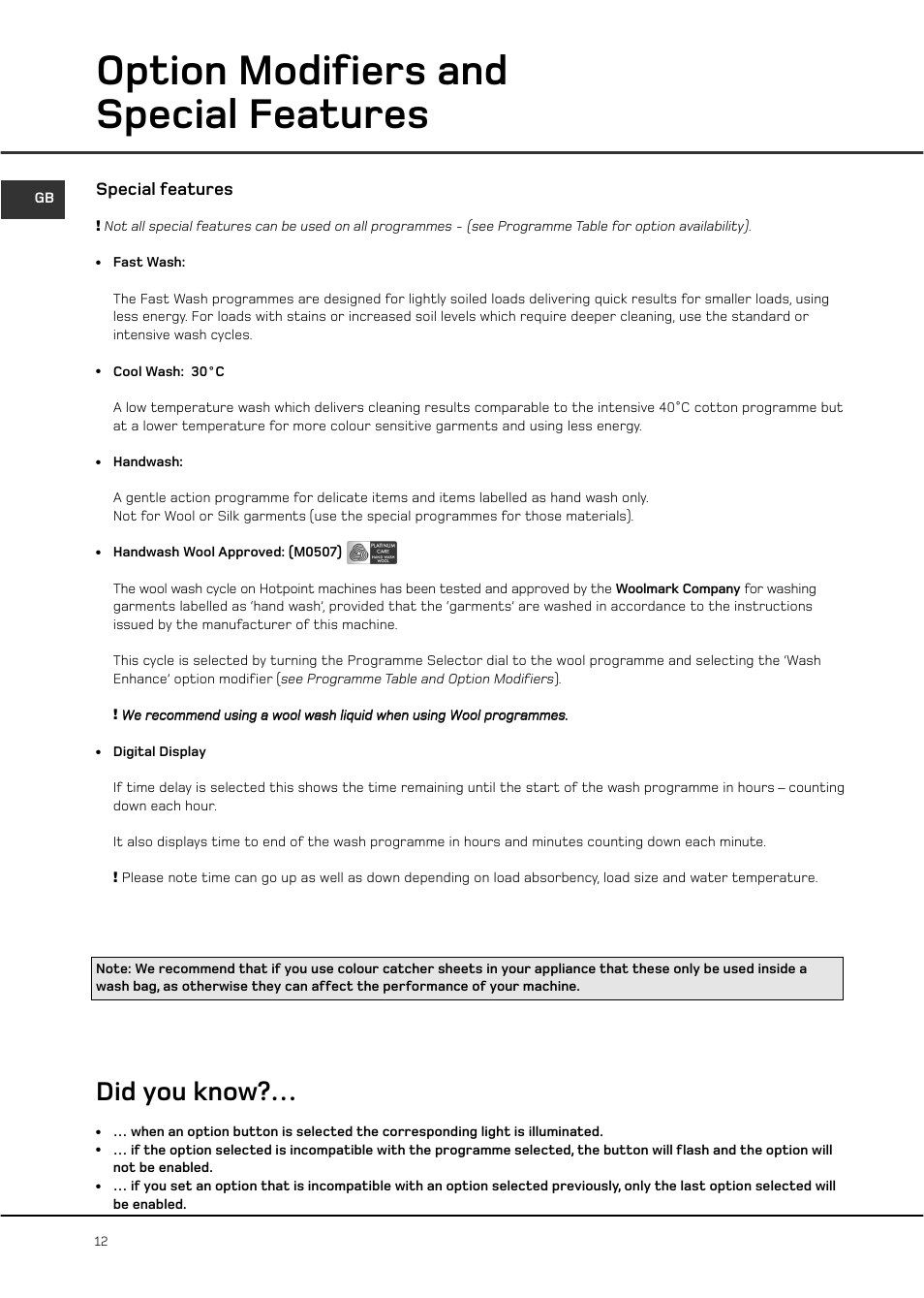 Option modifiers and special features, Did you know, Special features | Hotpoint WT761 User Manual | Page 12 / 20