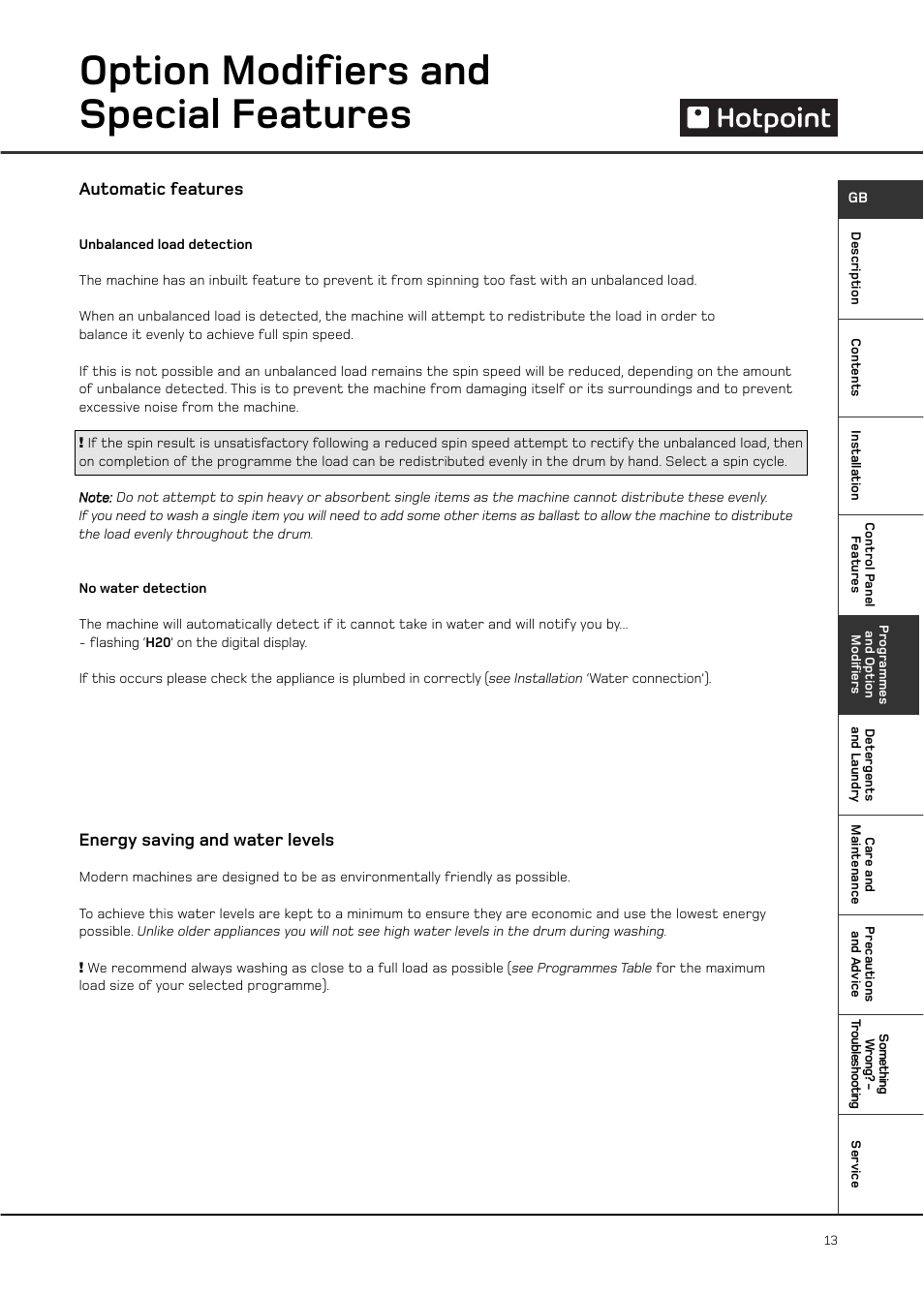 Option modifiers and special features | Hotpoint WT761 User Manual | Page 13 / 20