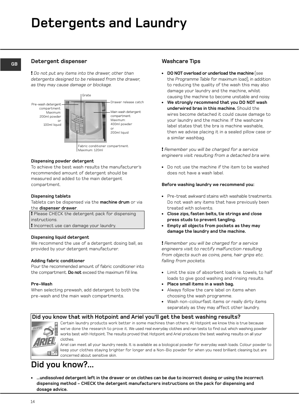 Detergents and laundry, Did you know, Detergent dispenser | Washcare tips | Hotpoint WT761 User Manual | Page 14 / 20