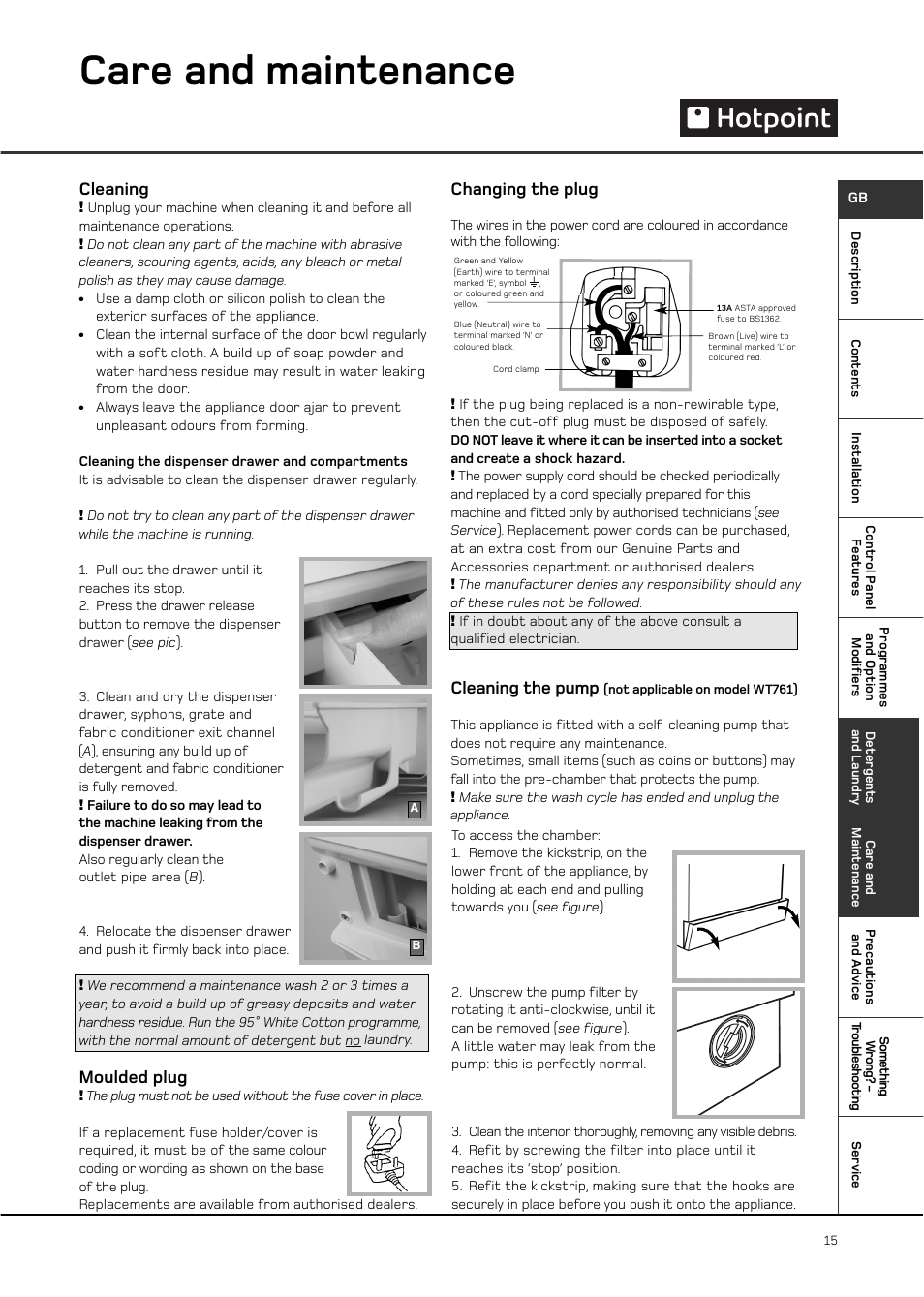 Care and maintenance, Cleaning, Cleaning the pump | Changing the plug, Moulded plug | Hotpoint WT761 User Manual | Page 15 / 20
