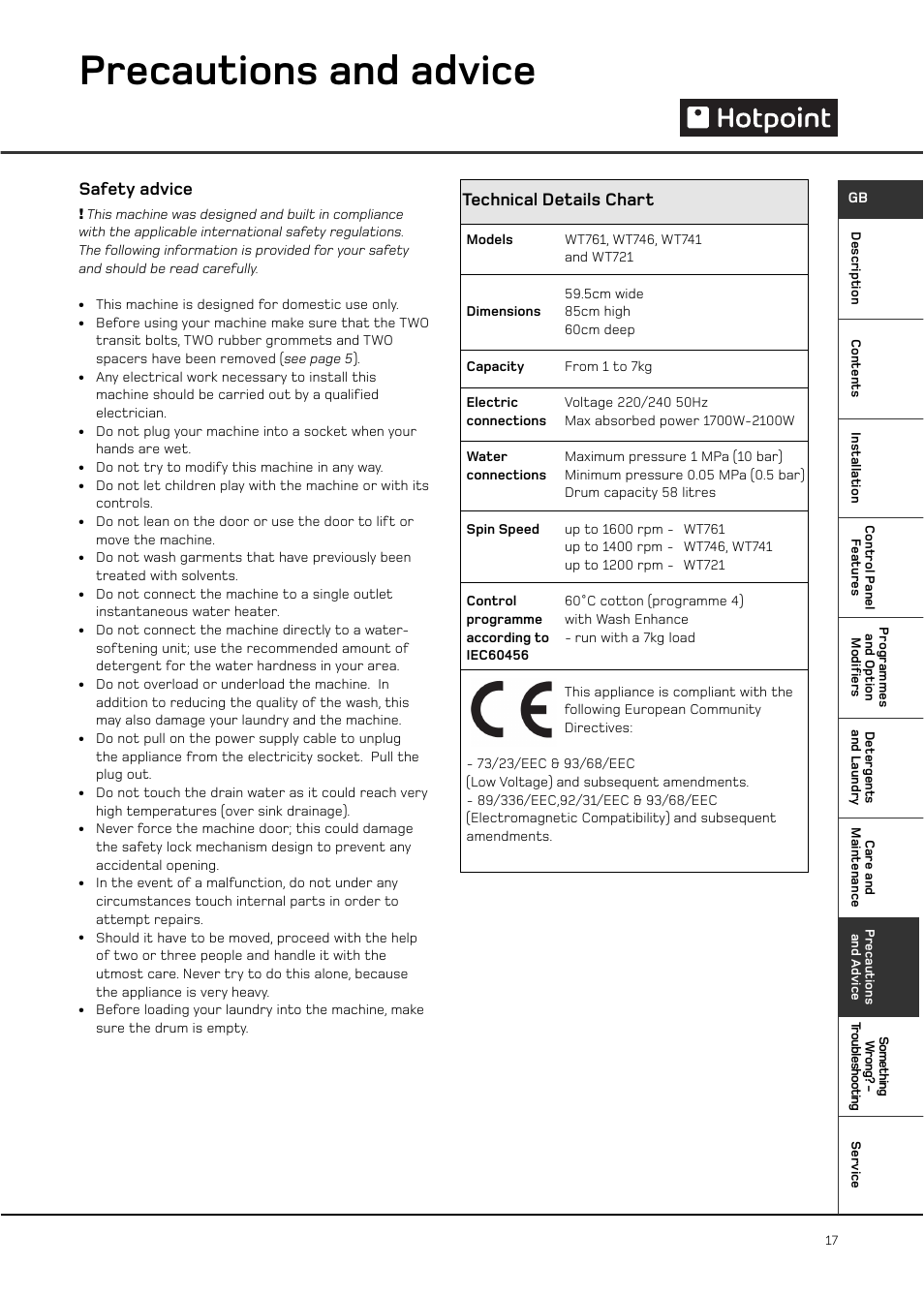 Precautions and advice, Safety advice, Technical details chart | Hotpoint WT761 User Manual | Page 17 / 20