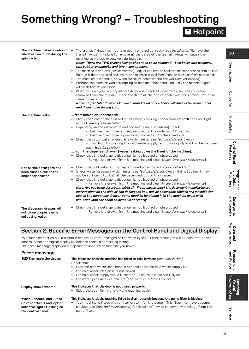 Something wrong? - troubleshooting, Error message | Hotpoint WT761 User Manual | Page 19 / 20