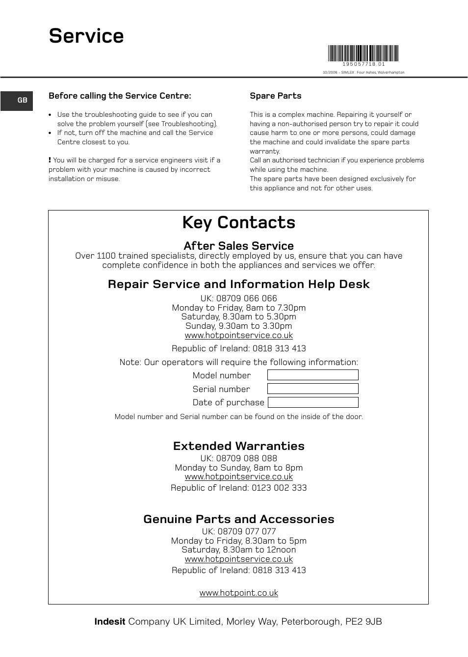 Service, Key contacts, After sales service | Repair service and information help desk, Extended warranties, Genuine parts and accessories | Hotpoint WT761 User Manual | Page 20 / 20