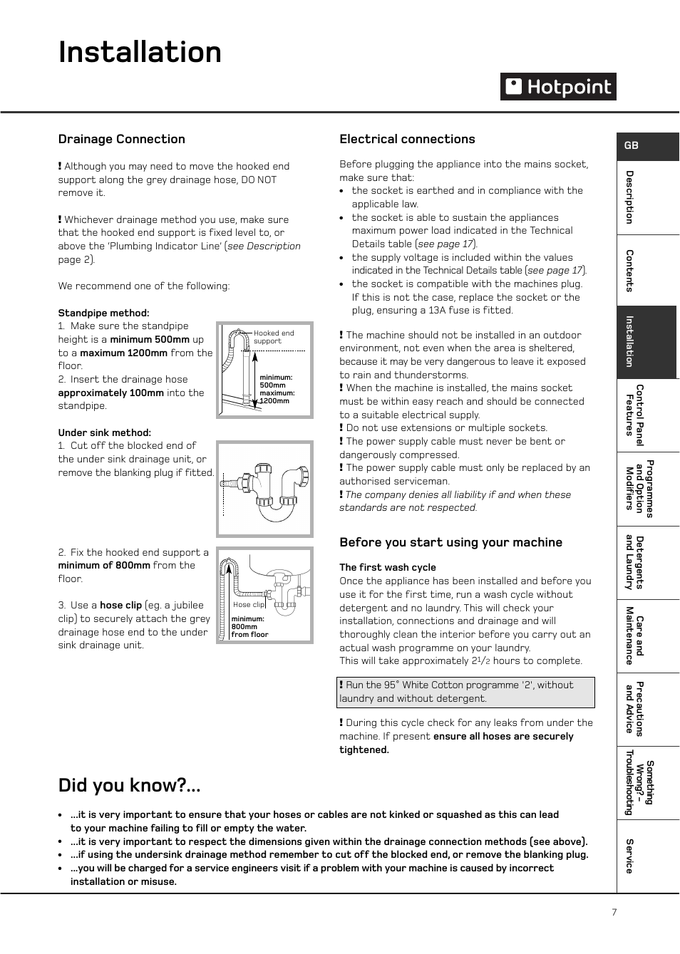 Installation, Did you know, Drainage connection | Electrical connections, Before you start using your machine | Hotpoint WT761 User Manual | Page 7 / 20