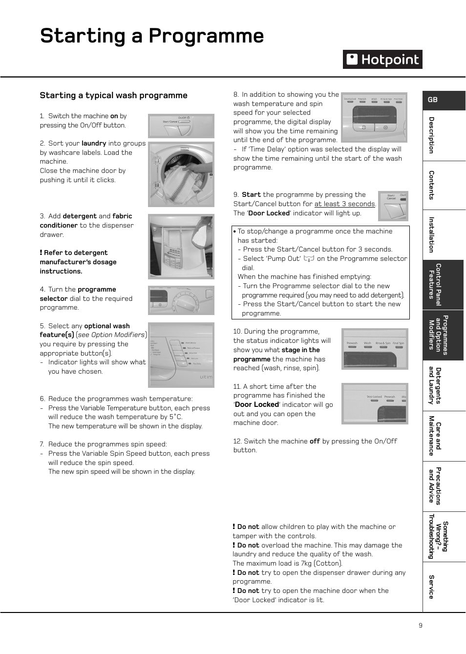Starting a programme, Starting a typical wash programme | Hotpoint WT761 User Manual | Page 9 / 20