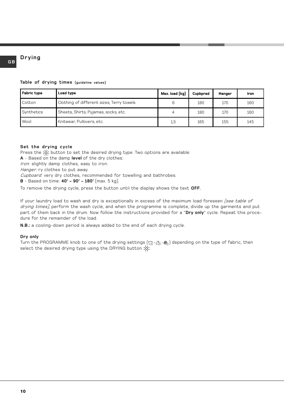 Drying | Hotpoint AQGMD 129 User Manual | Page 10 / 16