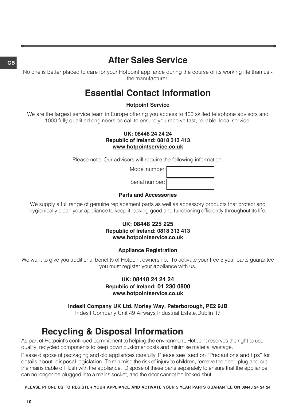 After sales service, Essential contact information, Recycling & disposal information | Hotpoint HZ1421 User Manual | Page 10 / 12