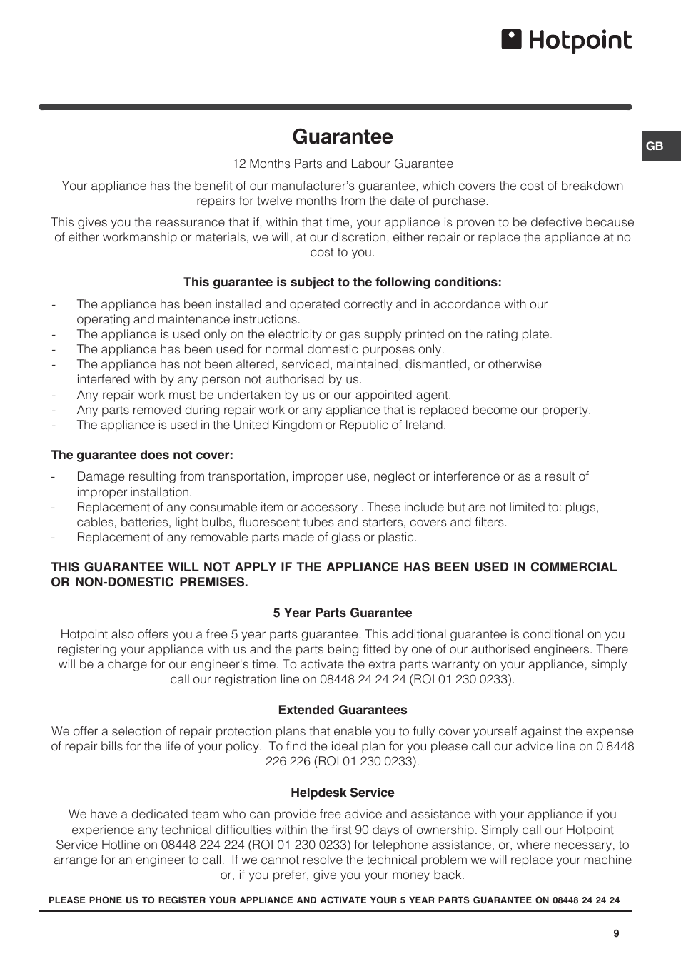 Guarantee | Hotpoint HZ1421 User Manual | Page 9 / 12