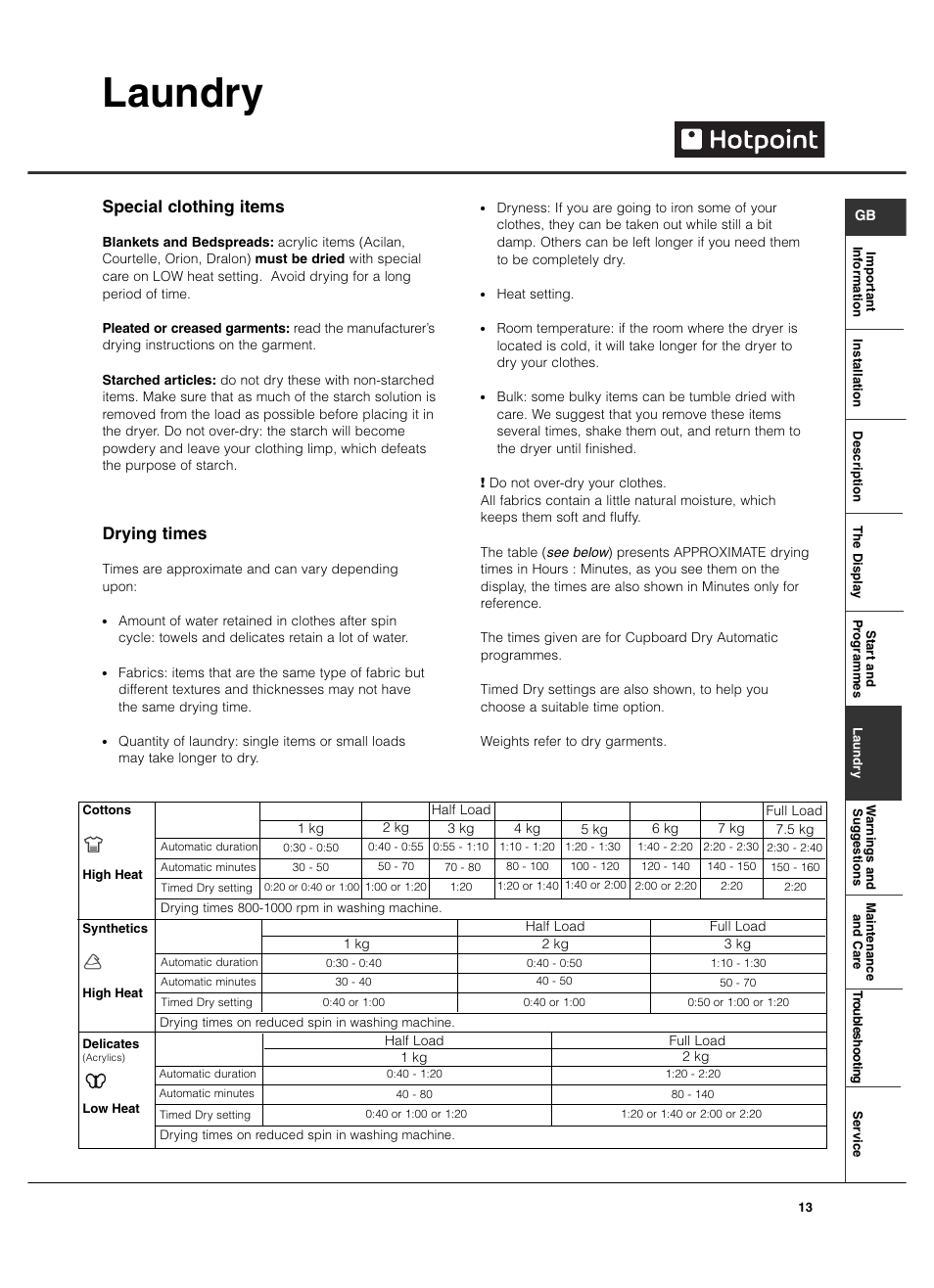 Laundry, Special clothing items, Drying times | Hotpoint TCD975 User Manual | Page 13 / 20