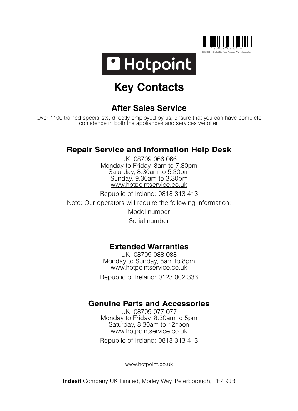 Key contacts, After sales service | Hotpoint TCD975 User Manual | Page 20 / 20